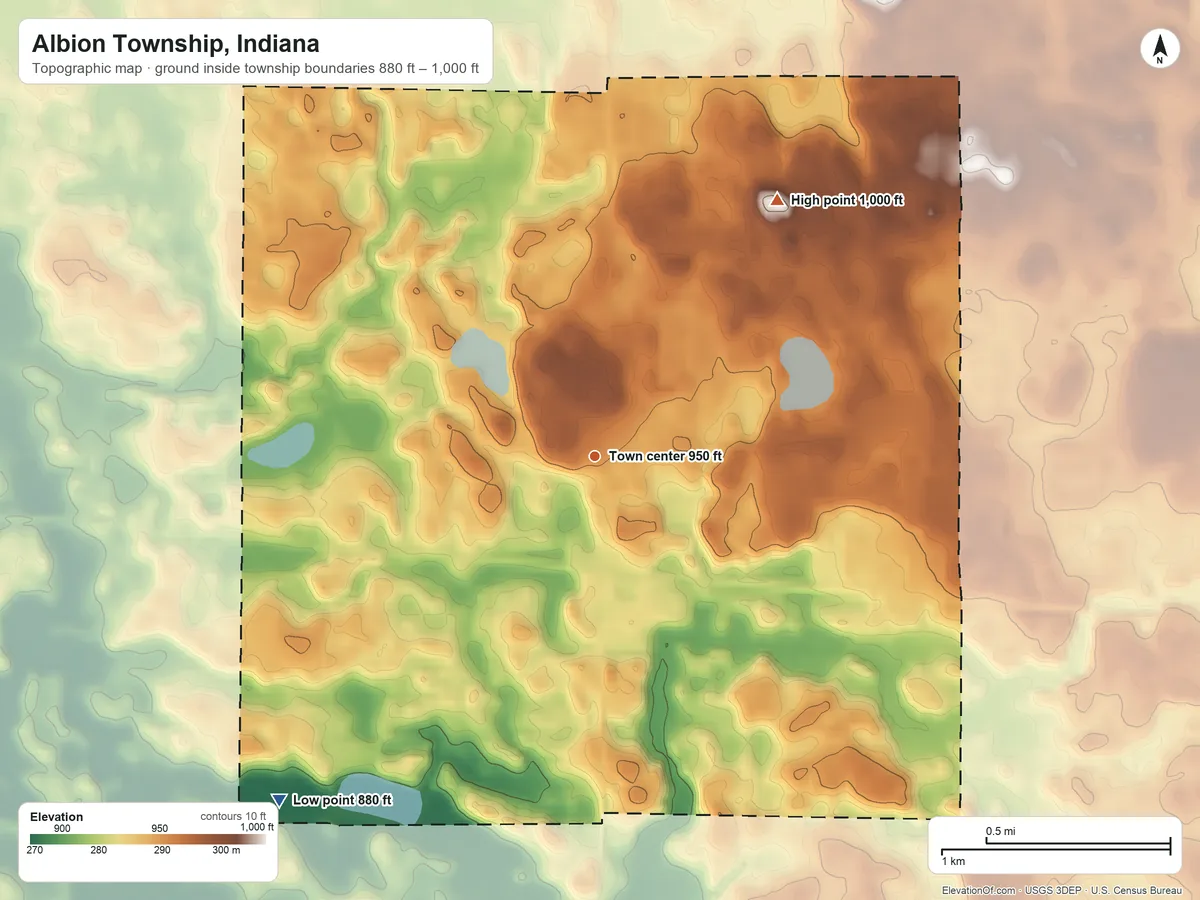 Topographic elevation map of Albion Township, Indiana, shaded from 880 ft on the southwest side to 1,000 ft on the northeast side