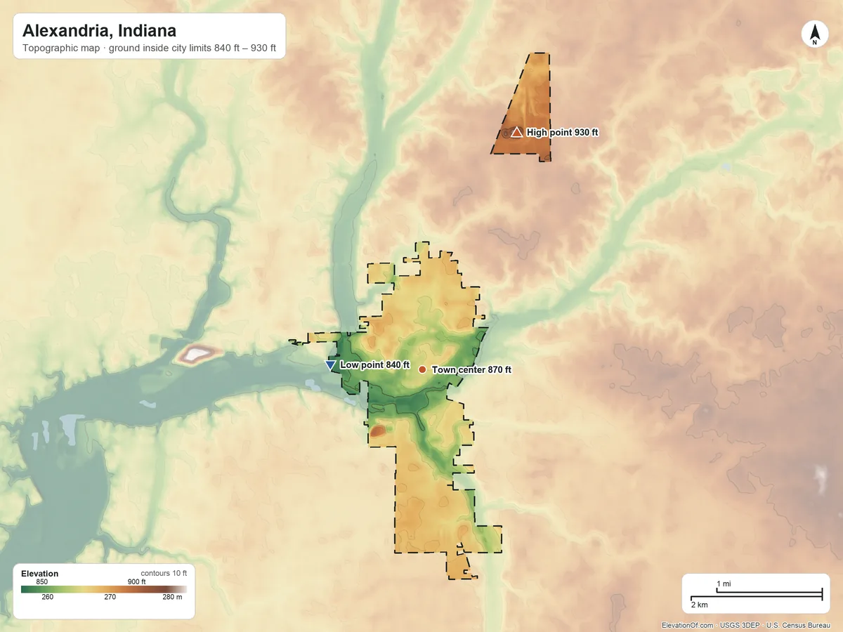 Topographic elevation map of Alexandria, Indiana, shaded from 840 ft on the west side to 930 ft on the north side