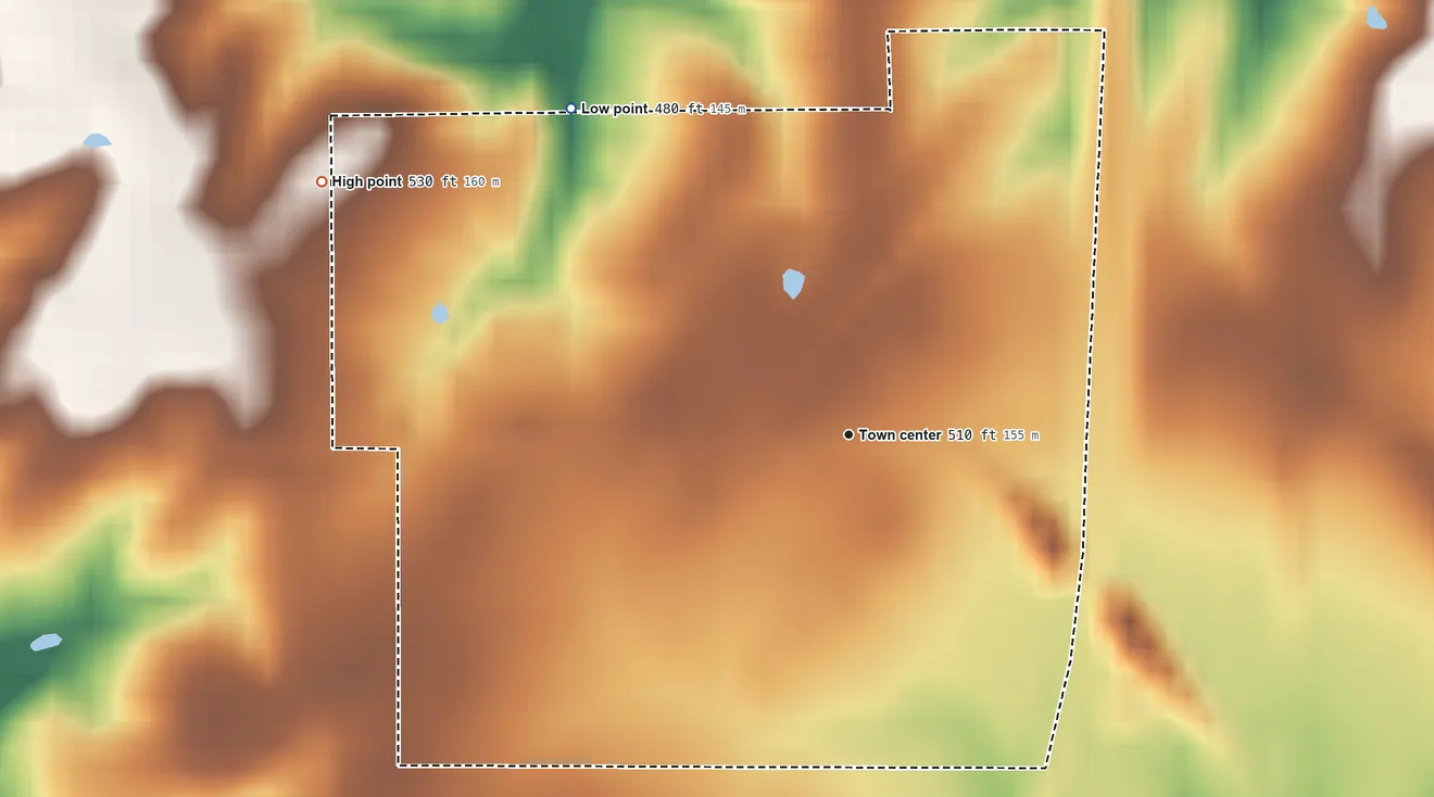 Topographic elevation map of Alford, Indiana, shaded from 480 ft on the northwest side to 530 ft on the northwest side