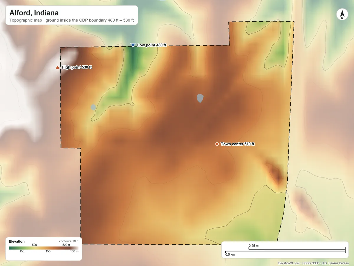Topographic elevation map of Alford, Indiana, shaded from 480 ft on the northwest side to 530 ft on the northwest side