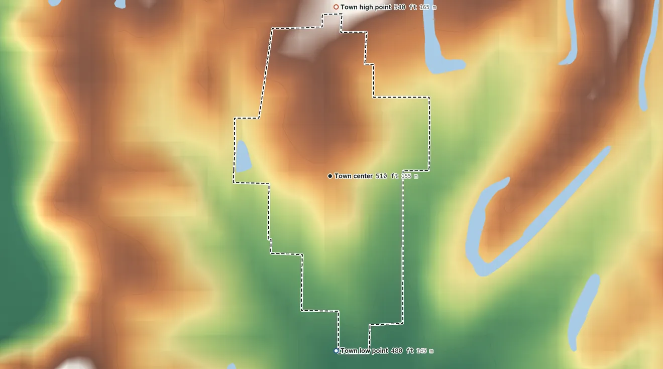 Topographic elevation map of Alfordsville, Indiana, shaded from 480 ft on the south side to 540 ft on the north side