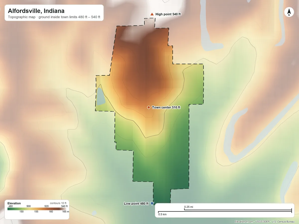 Topographic elevation map of Alfordsville, Indiana, shaded from 480 ft on the south side to 540 ft on the north side