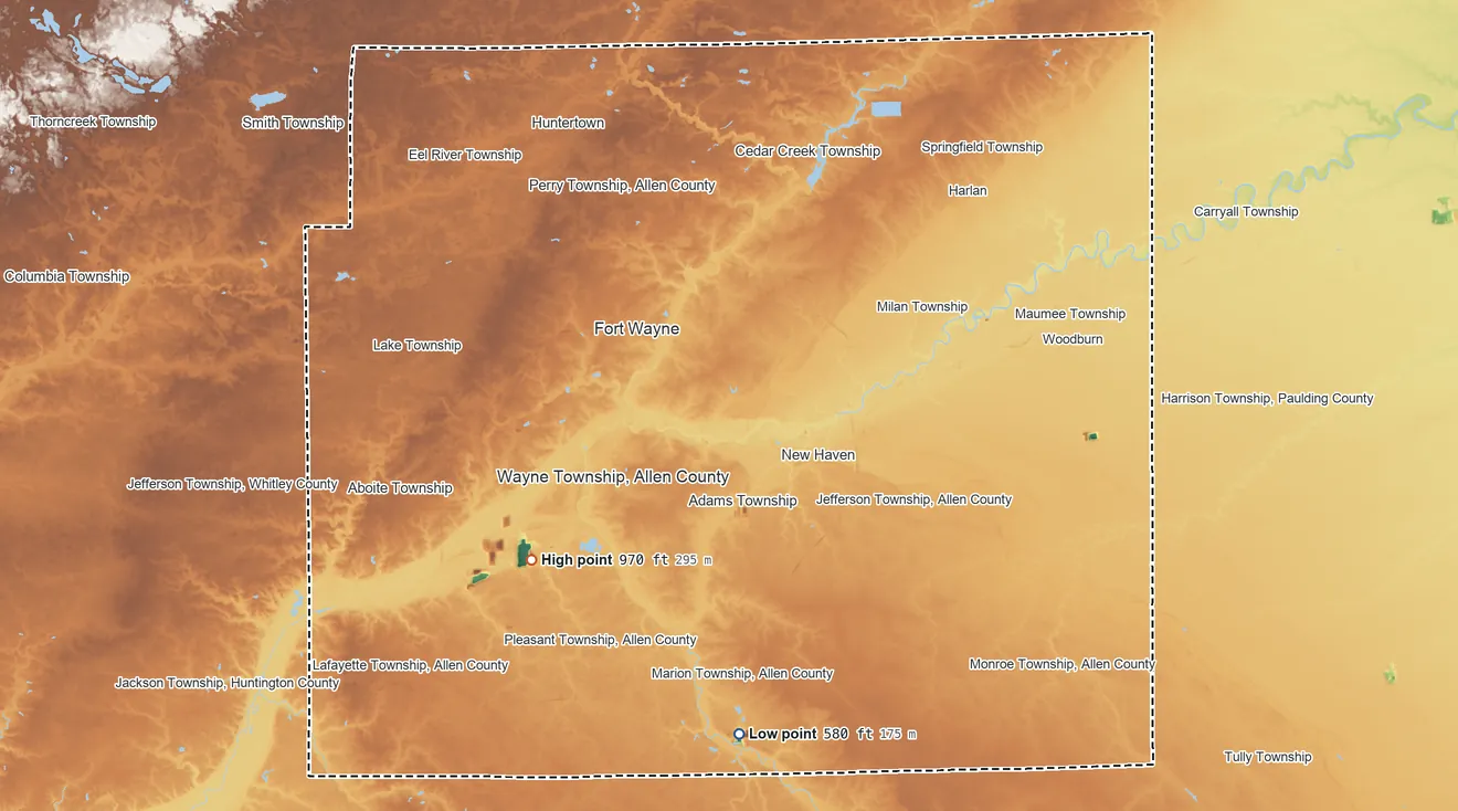 Topographic elevation map of Allen County, Indiana, shaded from 580 ft on the south side to 970 ft on the southwest side