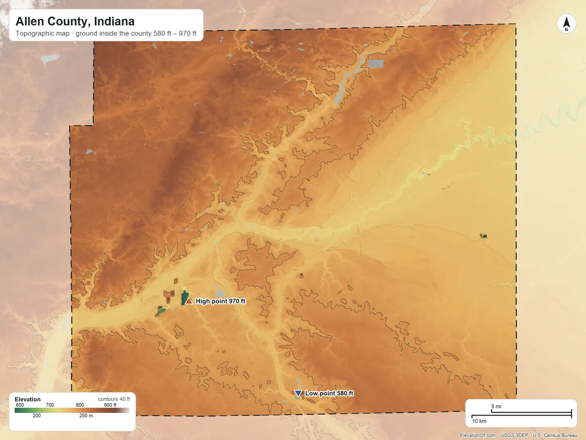 Topographic elevation map of Allen County, Indiana, shaded from 580 ft on the south side to 970 ft on the southwest side