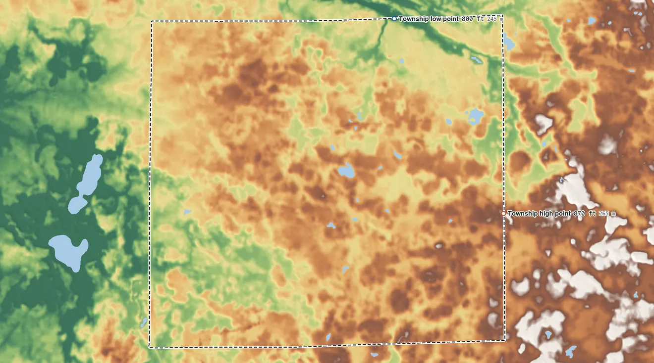 Topographic elevation map of Allen Township, Miami County, Indiana, shaded from 800 ft on the northeast side to 870 ft on the east side