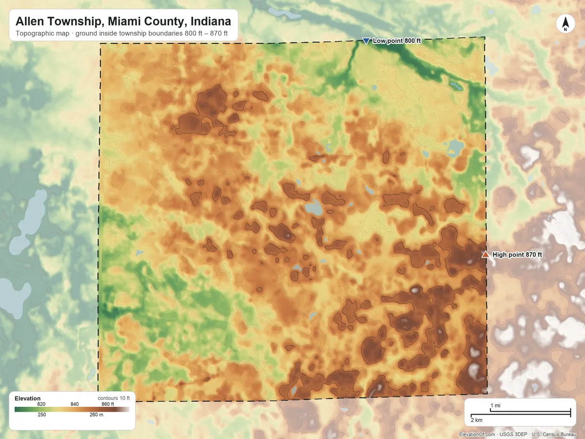 Topographic elevation map of Allen Township, Miami County, Indiana, shaded from 800 ft on the northeast side to 870 ft on the east side
