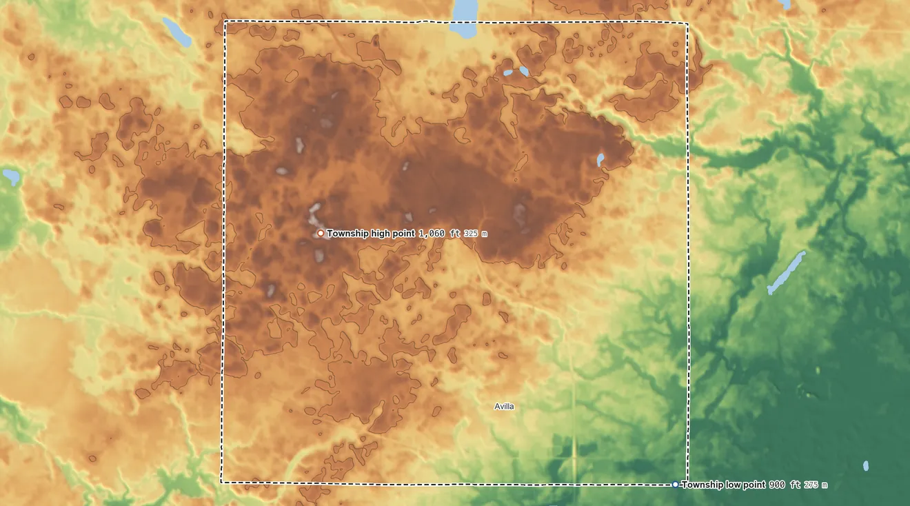 Topographic elevation map of Allen Township, Indiana, shaded from 900 ft on the southeast side to 1,060 ft on the west side