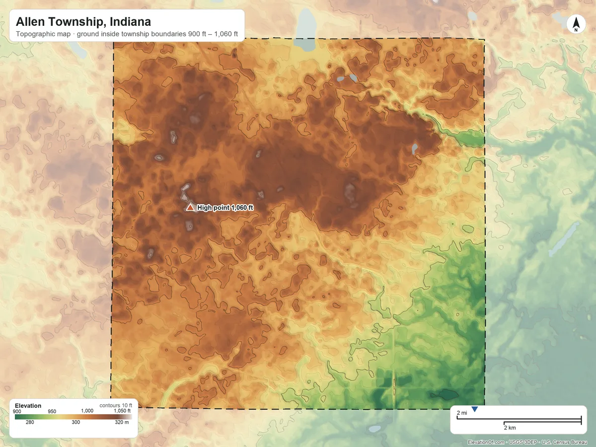 Topographic elevation map of Allen Township, Indiana, shaded from 900 ft on the southeast side to 1,060 ft on the west side