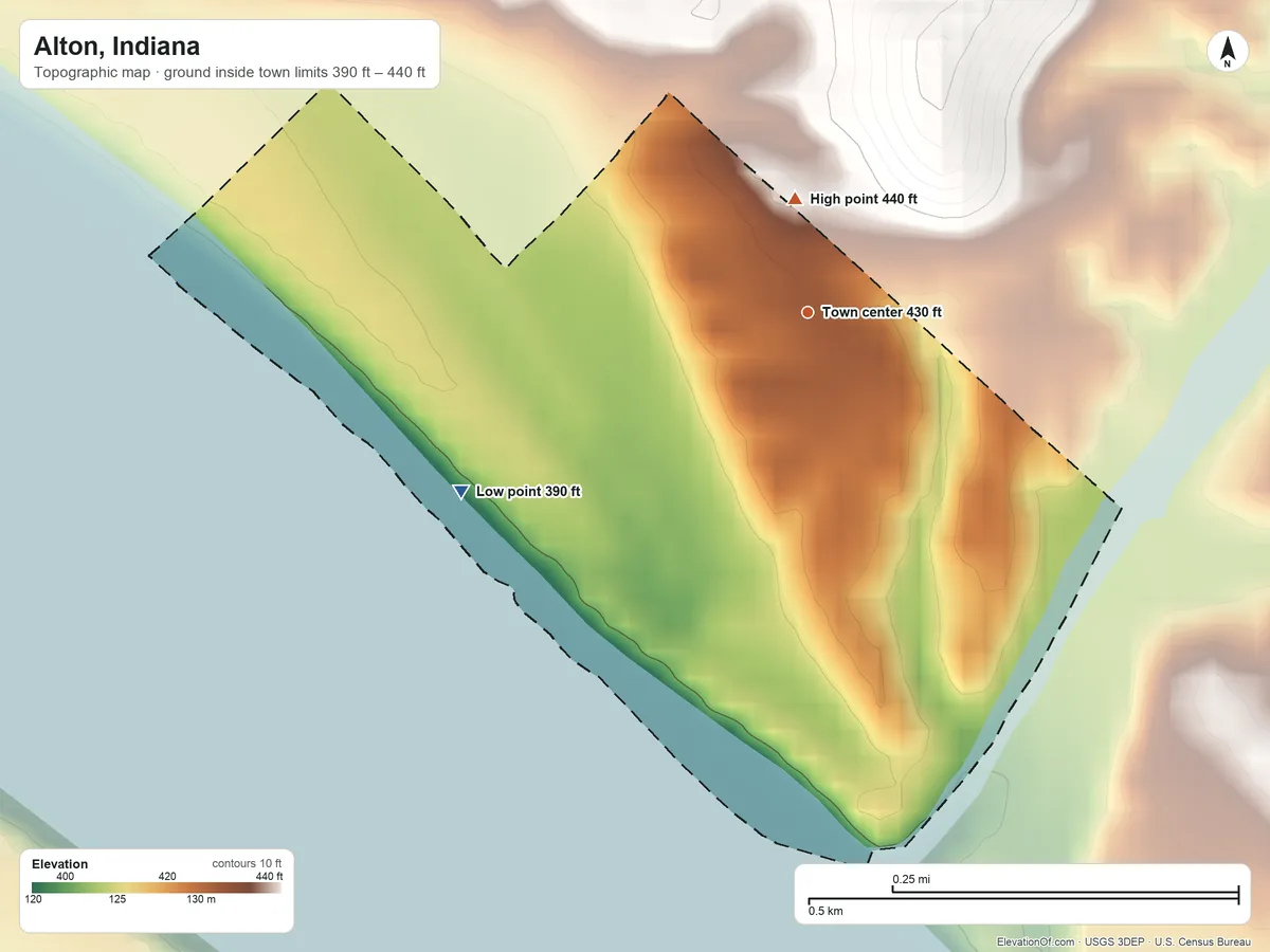 Topographic elevation map of Alton, Indiana, shaded from 390 ft on the southwest side to 440 ft near the middle