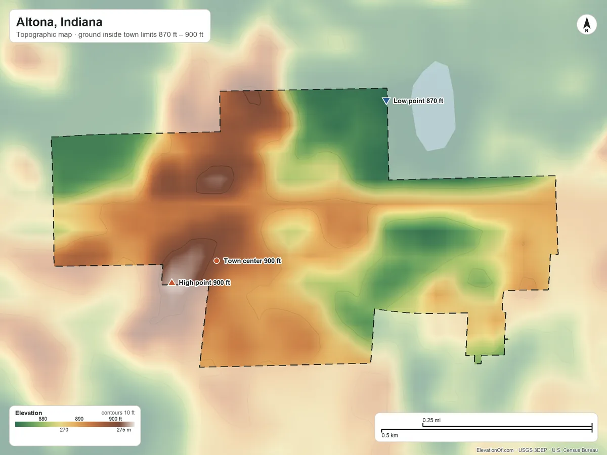 Topographic elevation map of Altona, Indiana, shaded from 870 ft on the northeast side to 900 ft near the middle