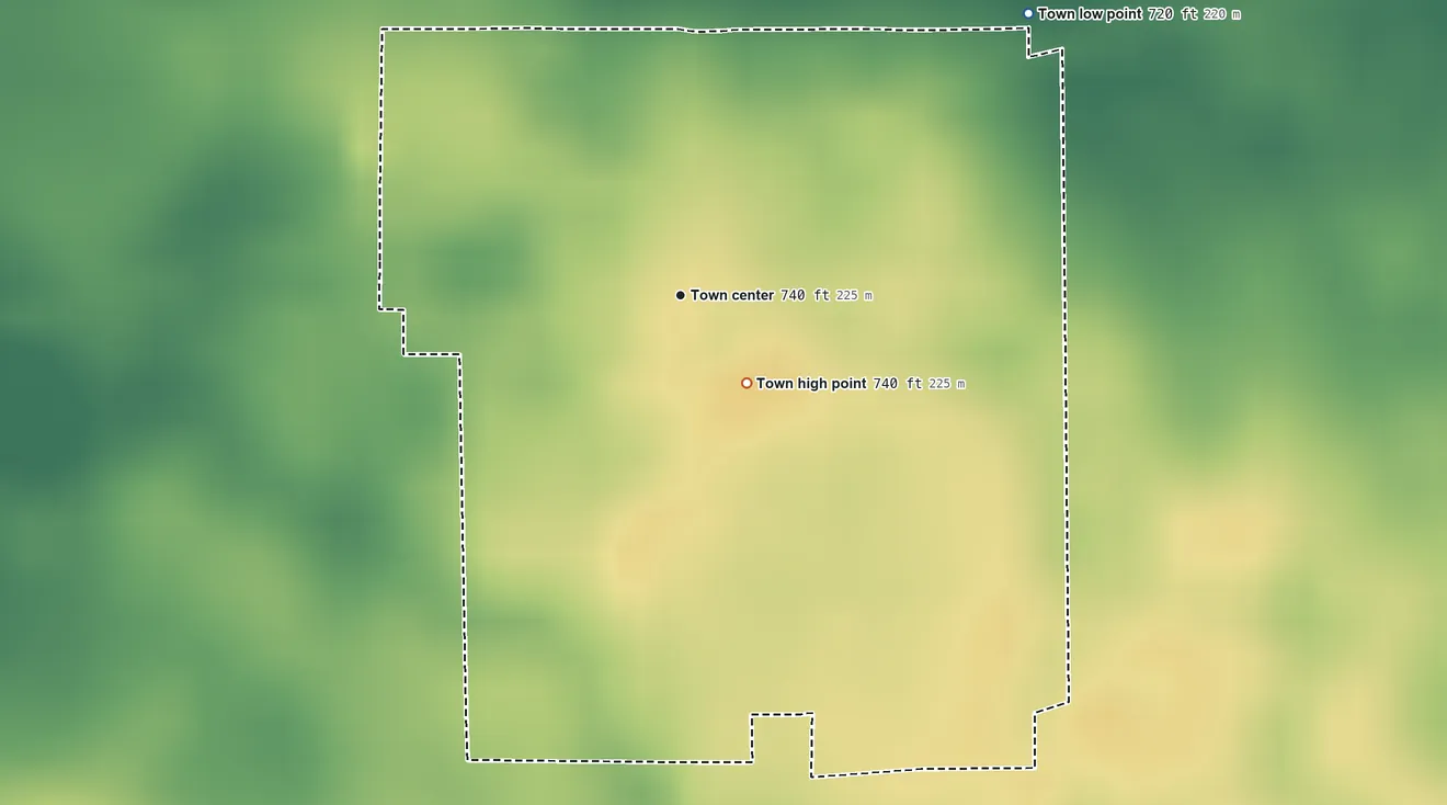 Topographic elevation map of Ambia, Indiana, shaded from 720 ft on the northeast side to 740 ft on the southeast side