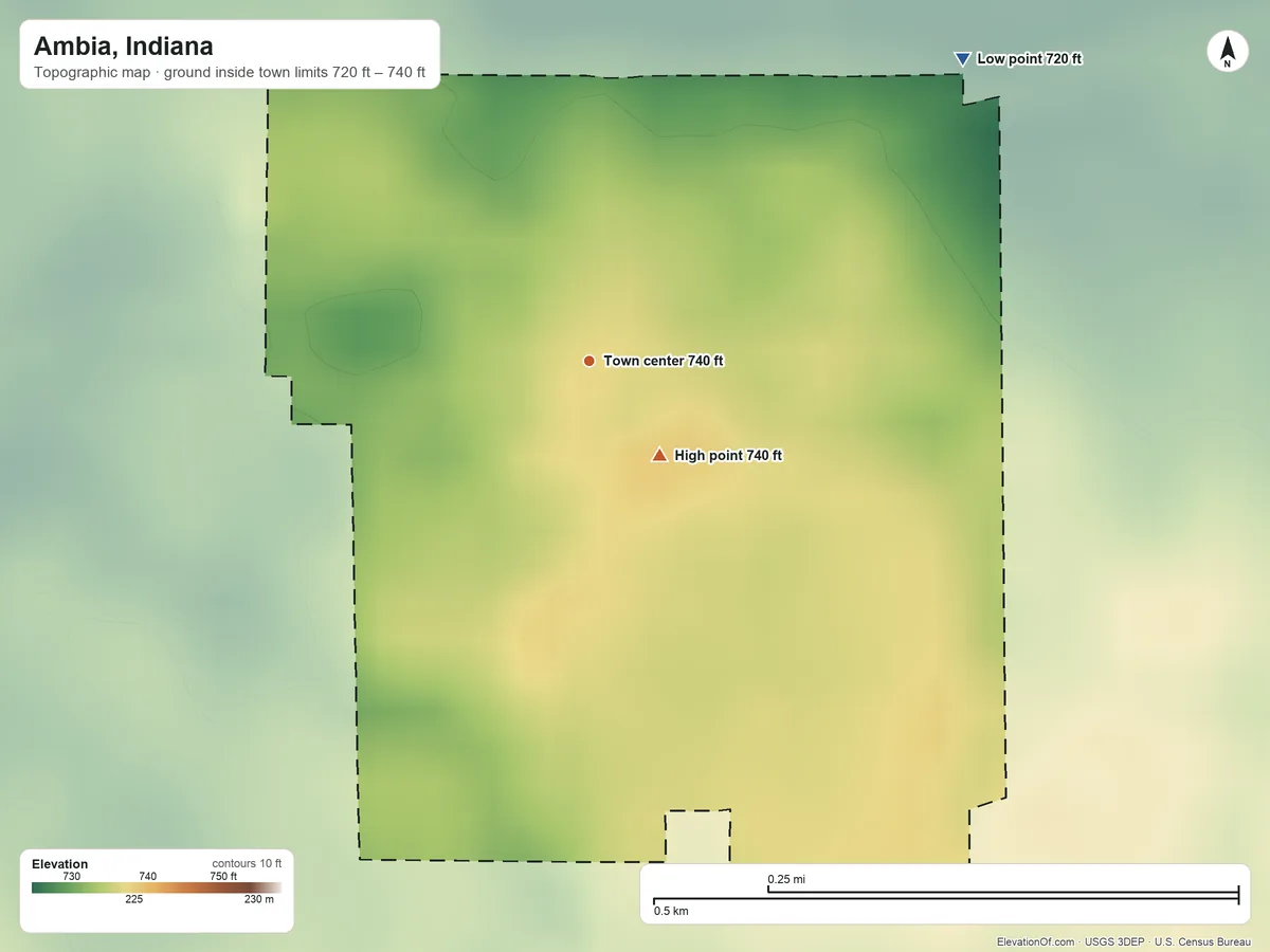 Topographic elevation map of Ambia, Indiana, shaded from 720 ft on the northeast side to 740 ft on the southeast side