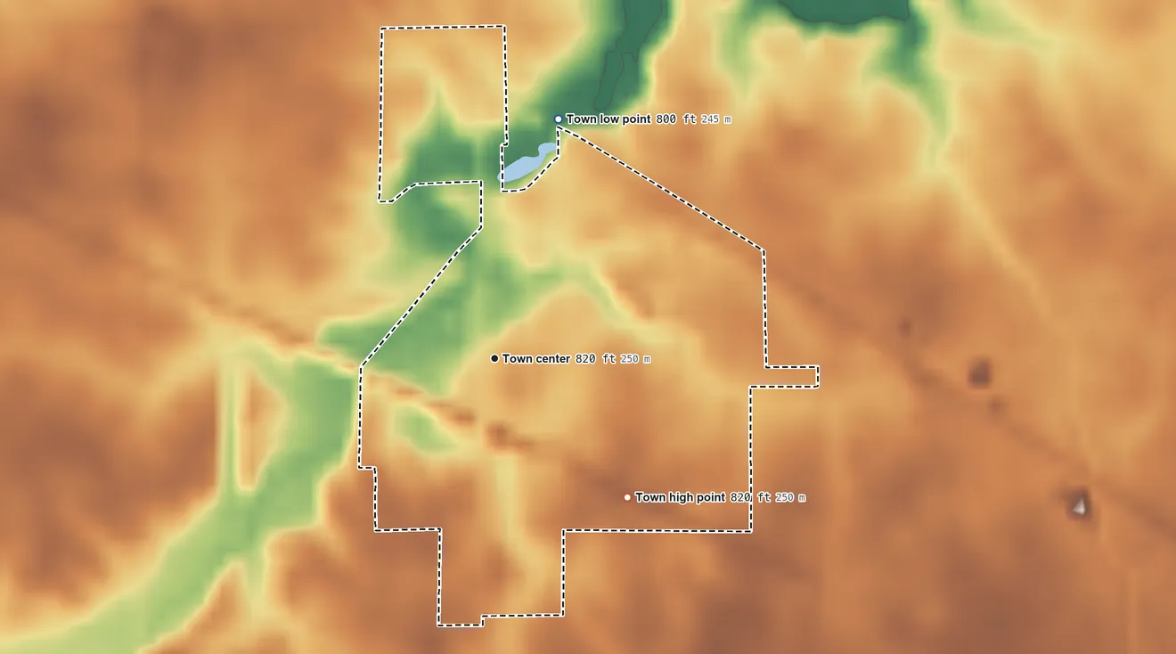 Topographic elevation map of Amboy, Indiana, shaded from 800 ft on the north side to 820 ft on the southeast side