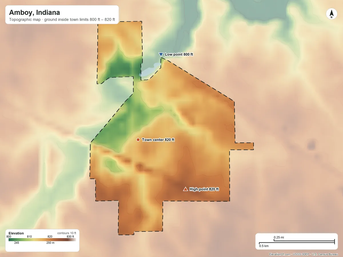 Topographic elevation map of Amboy, Indiana, shaded from 800 ft on the north side to 820 ft on the southeast side