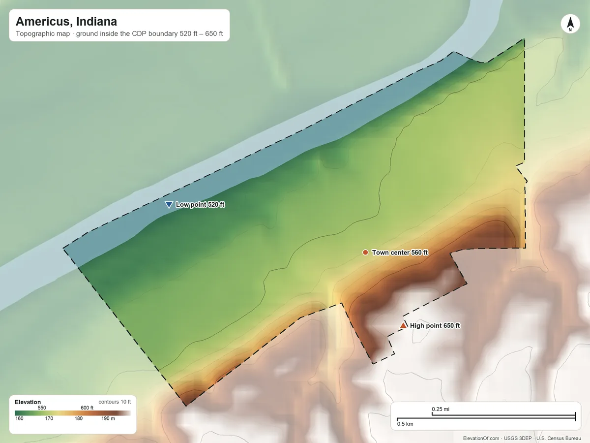 Topographic elevation map of Americus, Indiana, shaded from 520 ft on the west side to 650 ft on the southeast side