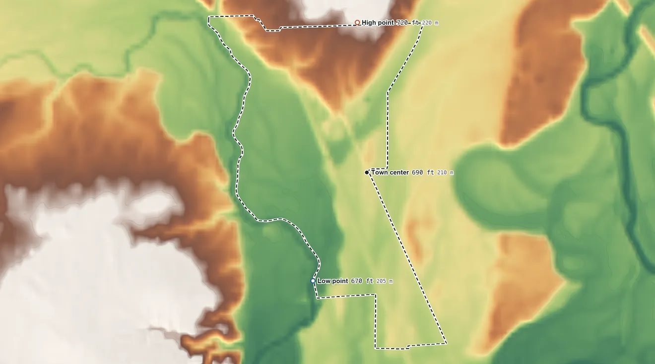 Topographic elevation map of Amity, Indiana, shaded from 670 ft on the southwest side to 720 ft on the north side