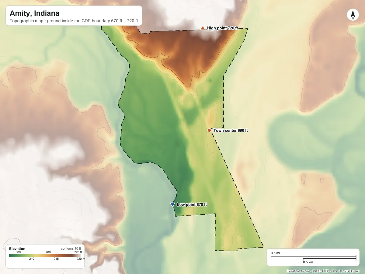 Topographic elevation map of Amity, Indiana, shaded from 670 ft on the southwest side to 720 ft on the north side
