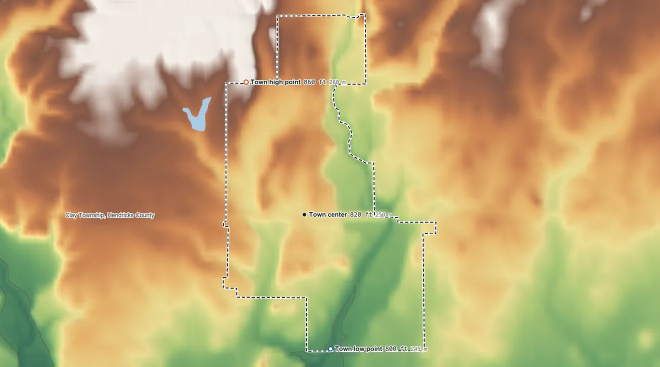 Topographic elevation map of Amo, Indiana, shaded from 800 ft on the south side to 860 ft on the northwest side