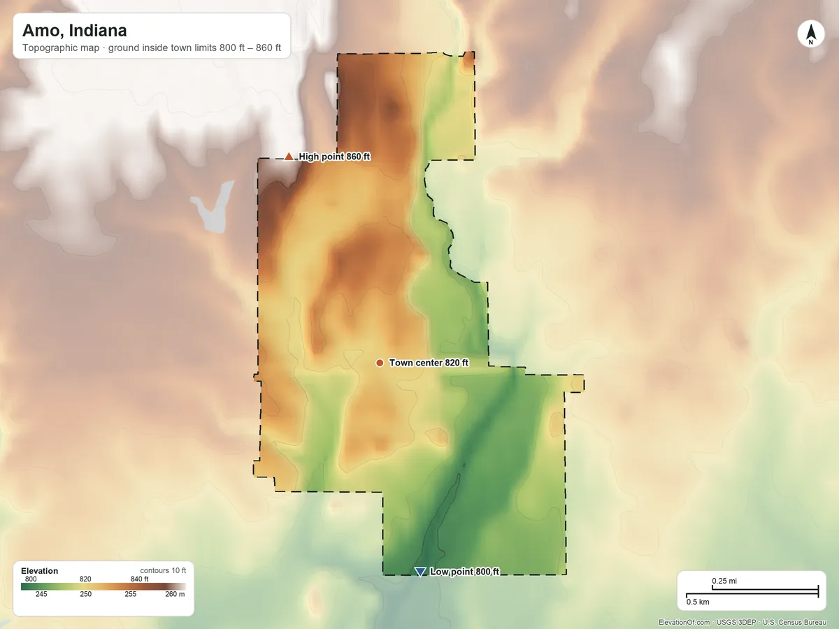 Topographic elevation map of Amo, Indiana, shaded from 800 ft on the south side to 860 ft on the northwest side