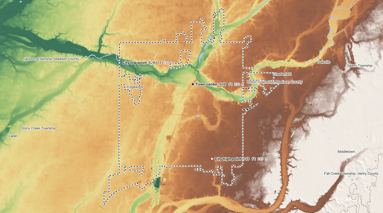 Topographic elevation map of Anderson, Indiana, shaded from 820 ft on the west side to 940 ft on the south side