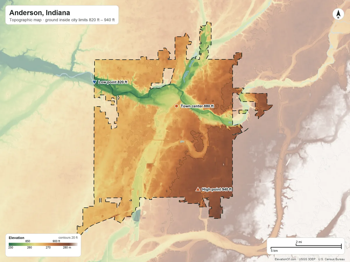 Topographic elevation map of Anderson, Indiana, shaded from 820 ft on the west side to 940 ft on the south side