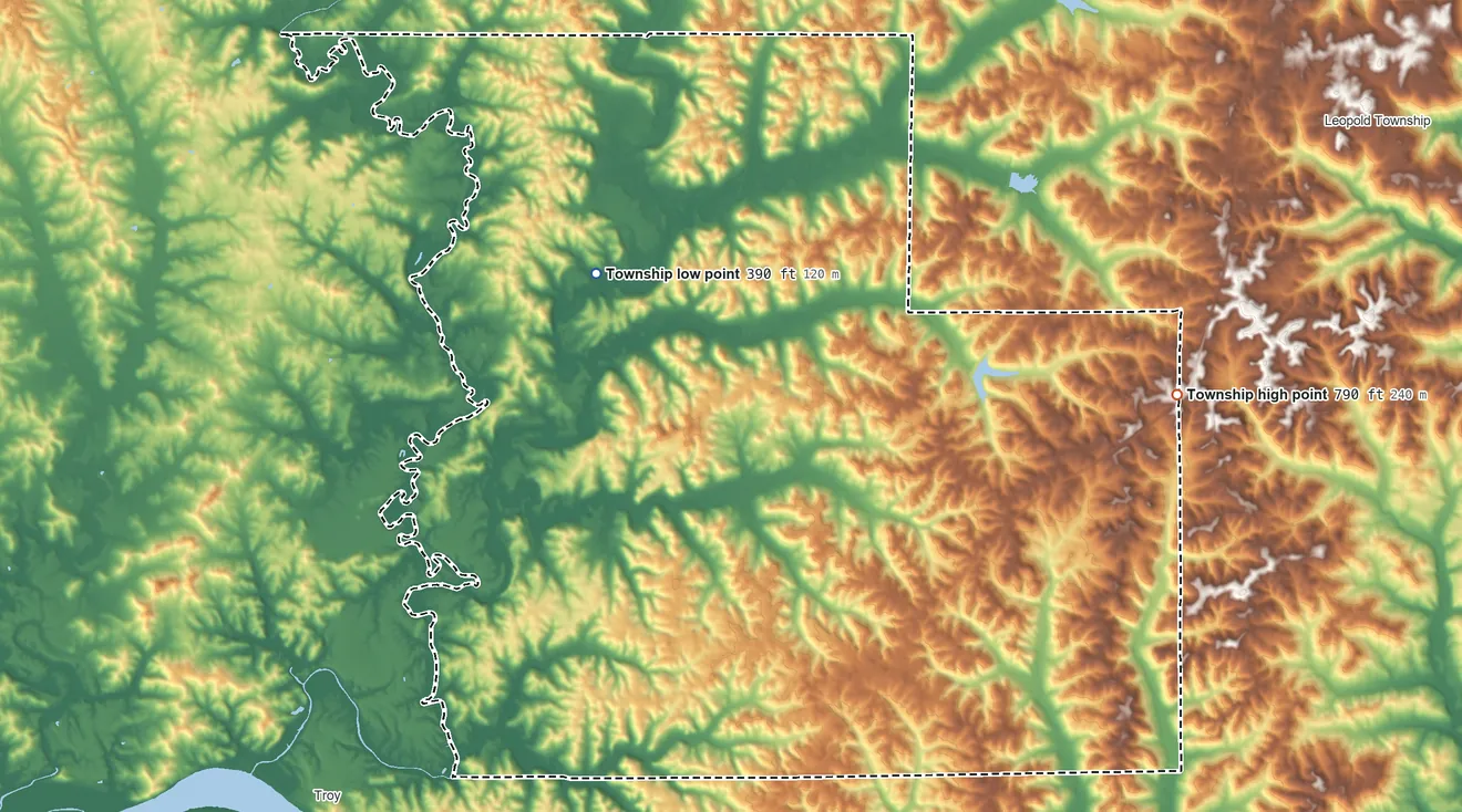 Topographic elevation map of Anderson Township, Perry County, Indiana, shaded from 390 ft on the northwest side to 790 ft on the northeast side