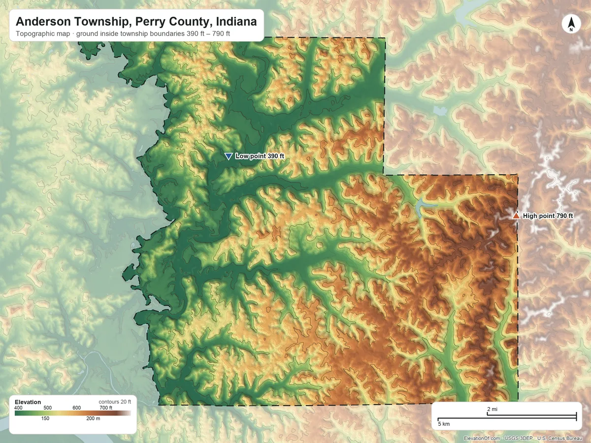 Topographic elevation map of Anderson Township, Perry County, Indiana, shaded from 390 ft on the northwest side to 790 ft on the northeast side