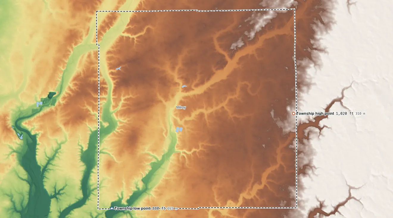 Topographic elevation map of Anderson Township, Rush County, Indiana, shaded from 880 ft on the southwest side to 1,020 ft on the east side