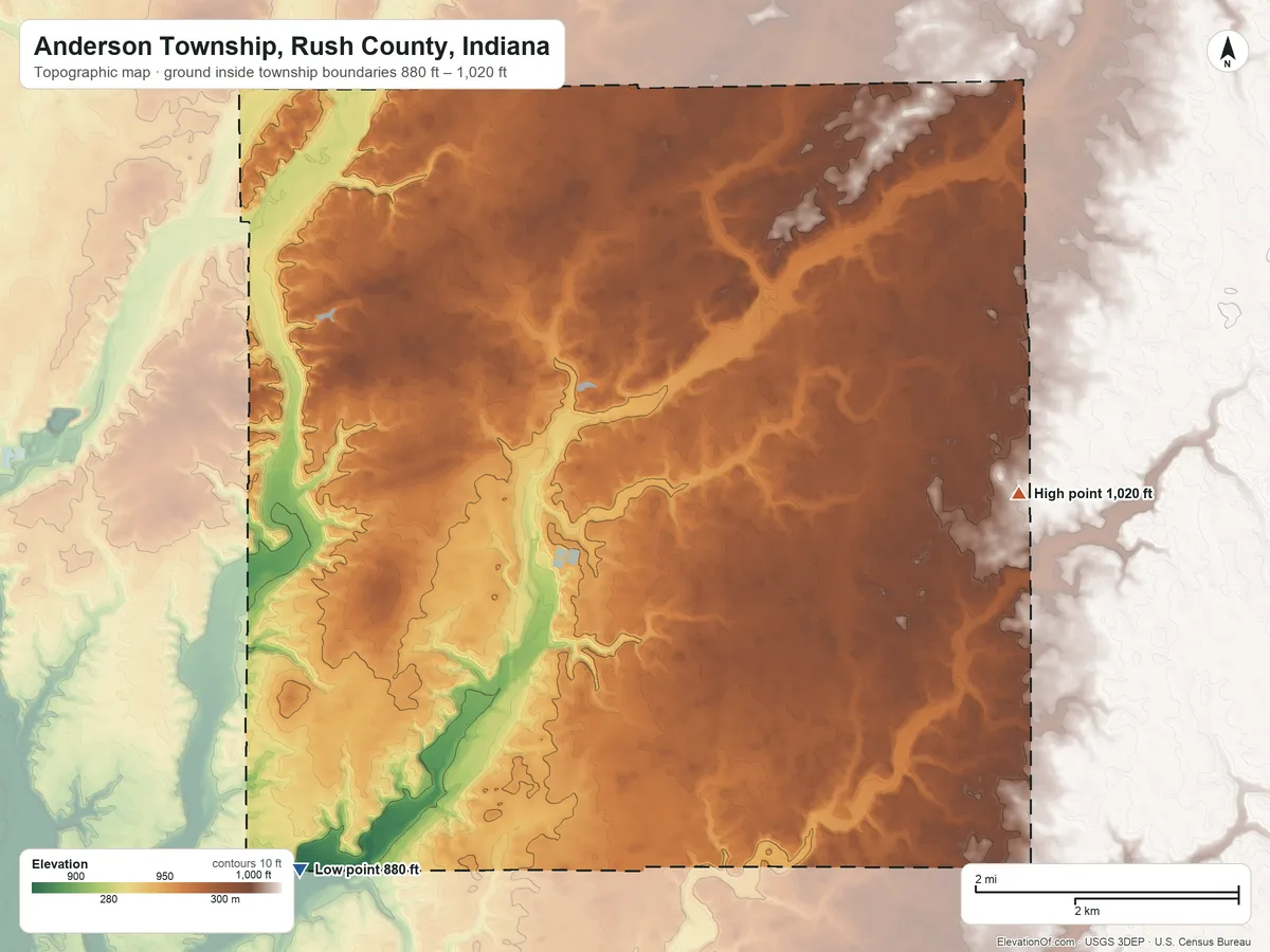 Topographic elevation map of Anderson Township, Rush County, Indiana, shaded from 880 ft on the southwest side to 1,020 ft on the east side