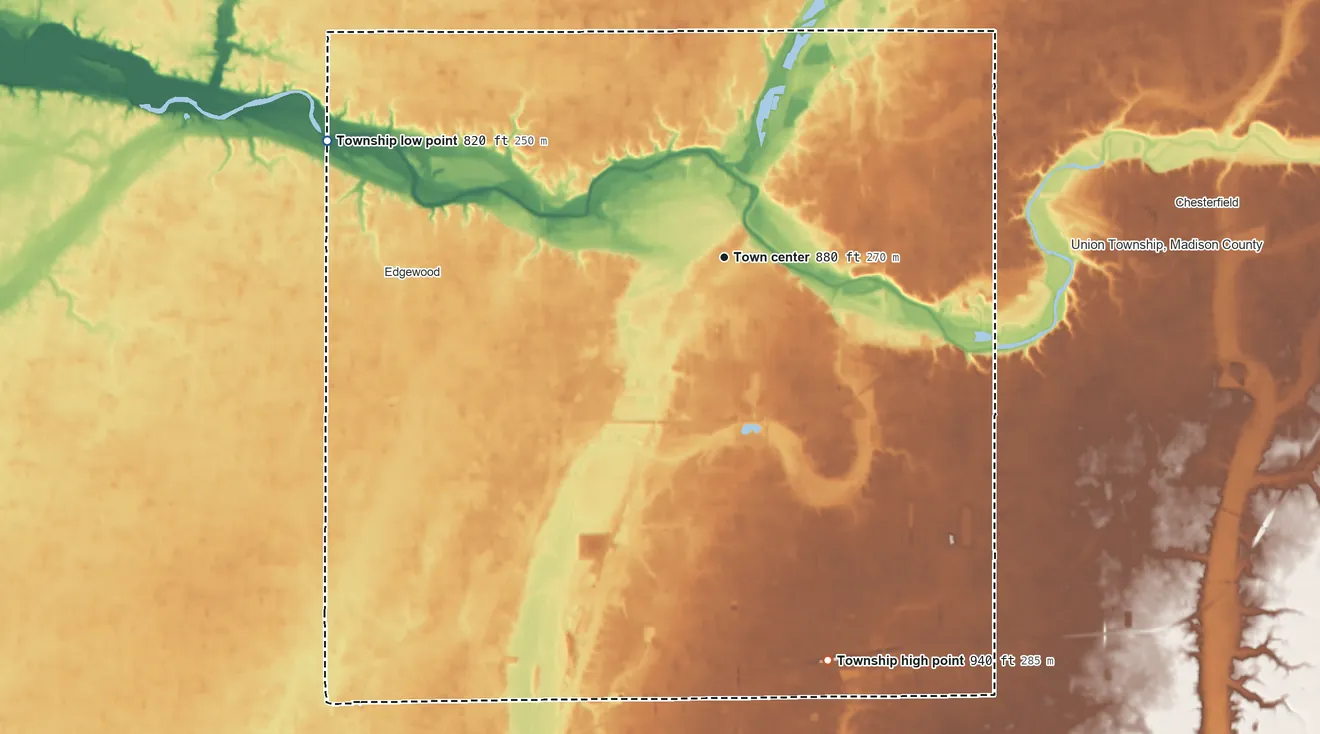 Topographic elevation map of Anderson Township, Indiana, shaded from 820 ft on the west side to 940 ft on the south side
