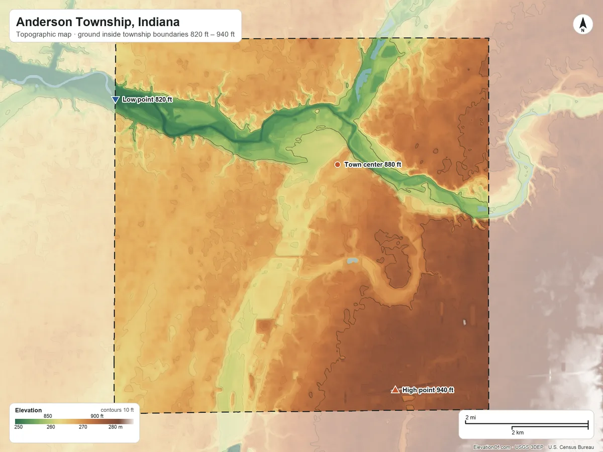 Topographic elevation map of Anderson Township, Indiana, shaded from 820 ft on the west side to 940 ft on the south side