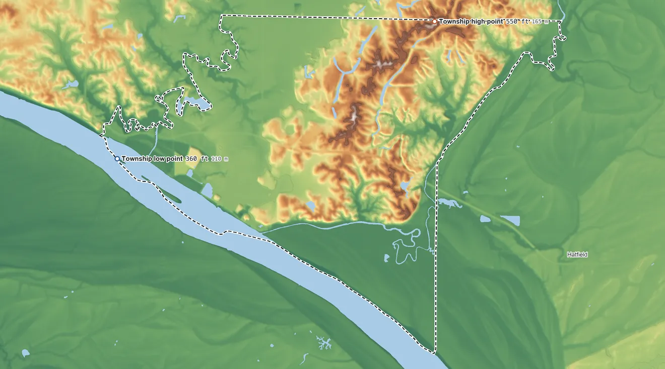 Topographic elevation map of Anderson Township, Warrick County, Indiana, shaded from 360 ft on the west side to 550 ft on the north side