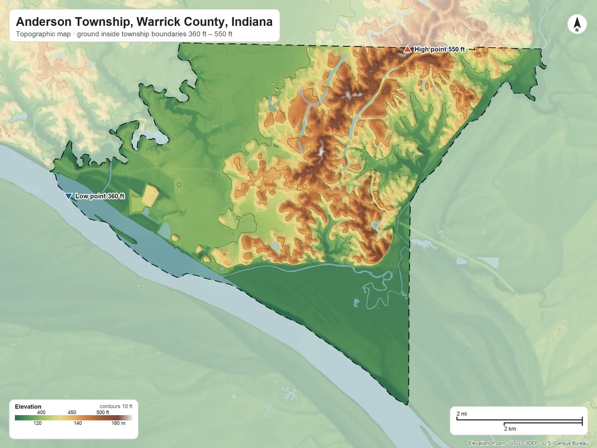 Topographic elevation map of Anderson Township, Warrick County, Indiana, shaded from 360 ft on the west side to 550 ft on the north side