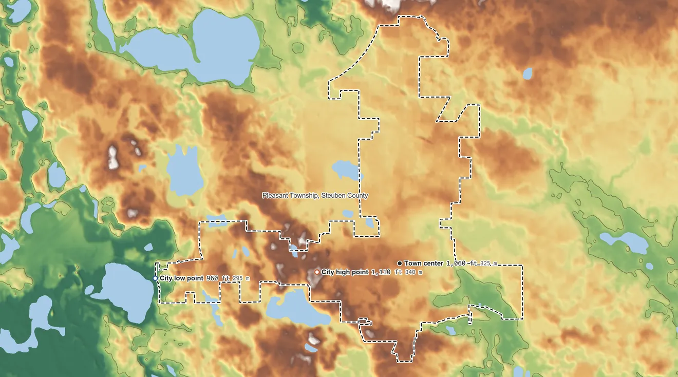Topographic elevation map of Angola, Indiana, shaded from 960 ft on the west side to 1,110 ft on the west side