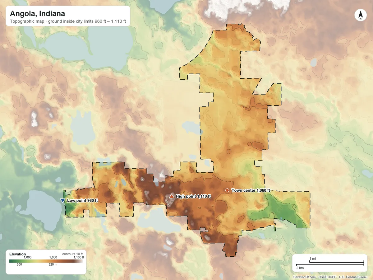 Topographic elevation map of Angola, Indiana, shaded from 960 ft on the west side to 1,110 ft on the west side