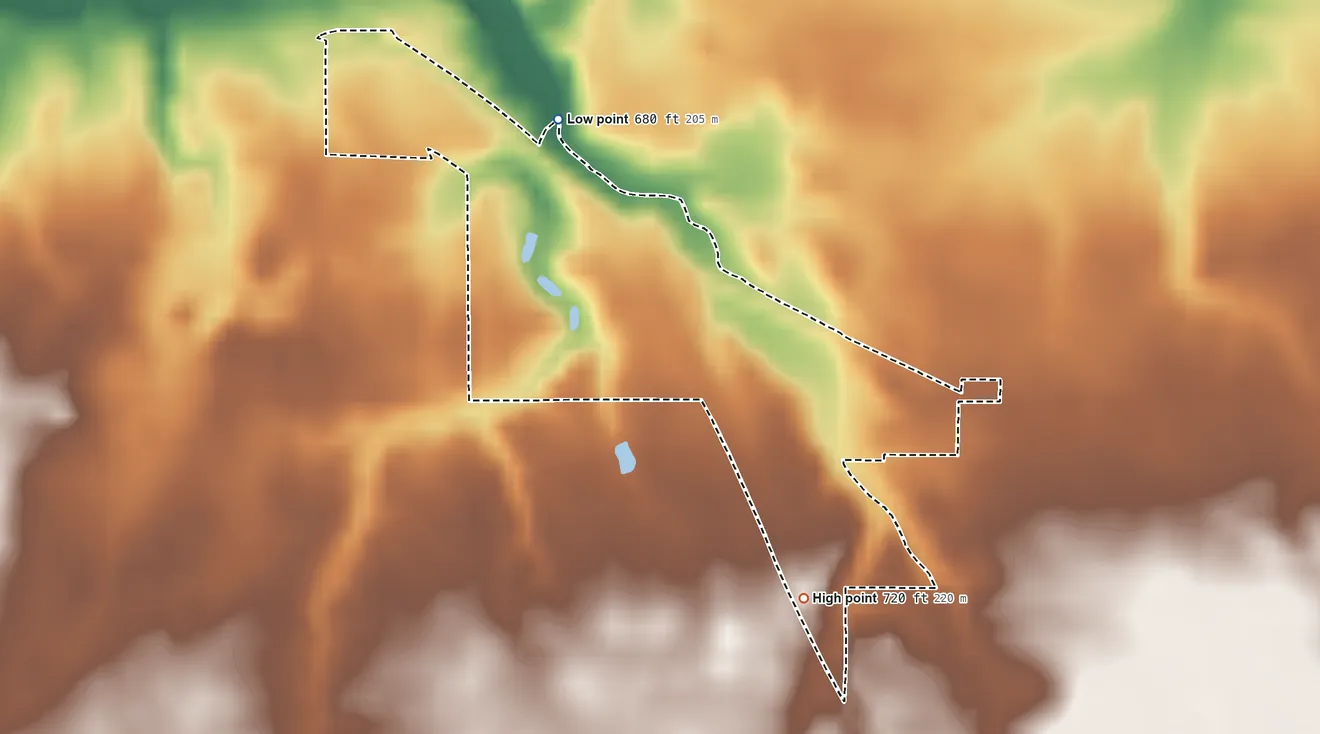 Topographic elevation map of Anoka, Indiana, shaded from 680 ft on the northwest side to 720 ft on the southeast side