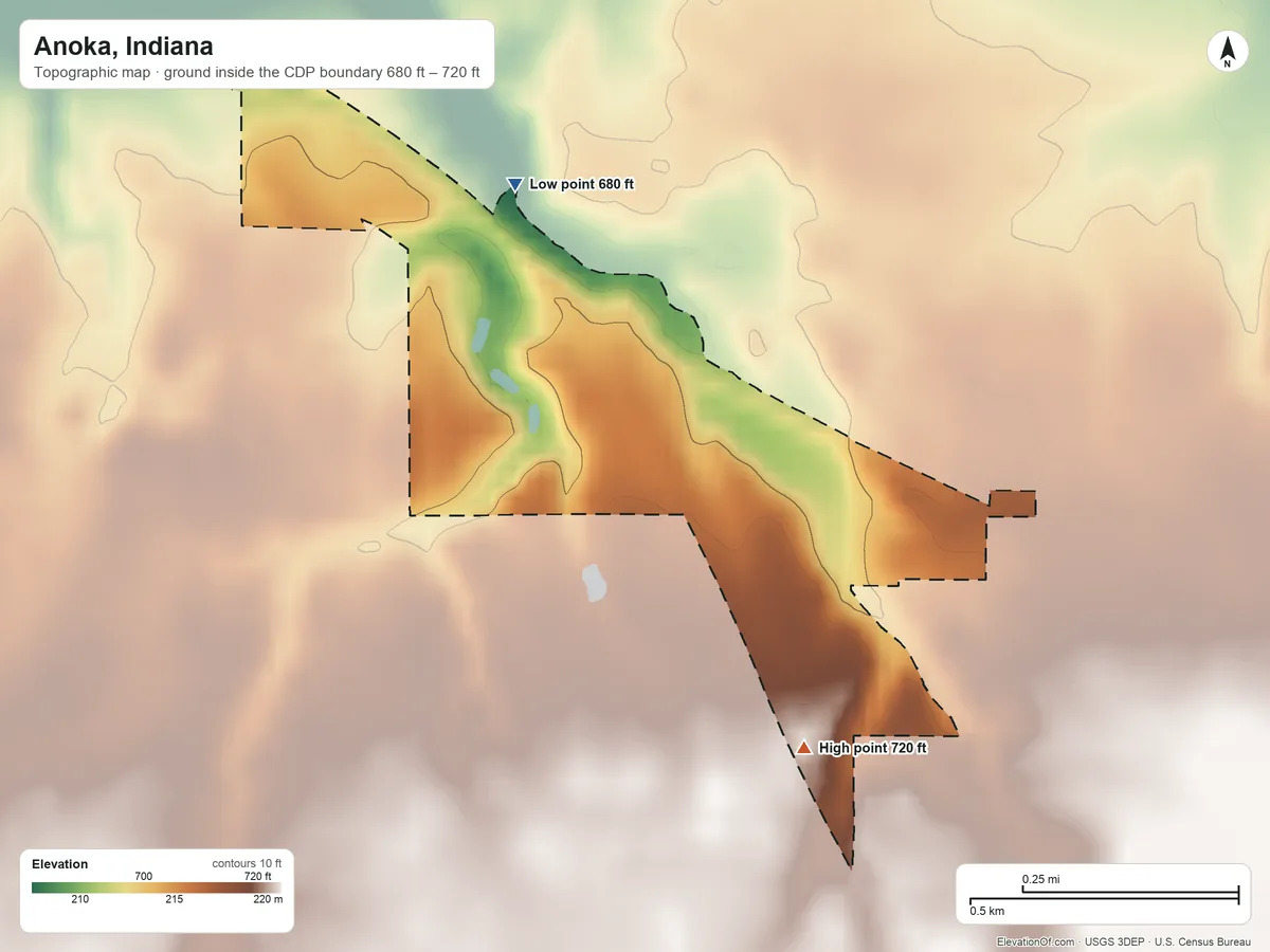 Topographic elevation map of Anoka, Indiana, shaded from 680 ft on the northwest side to 720 ft on the southeast side