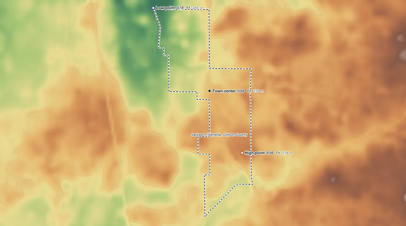 Topographic elevation map of Antioch, Indiana, shaded from 870 ft on the northwest side to 890 ft on the southeast side