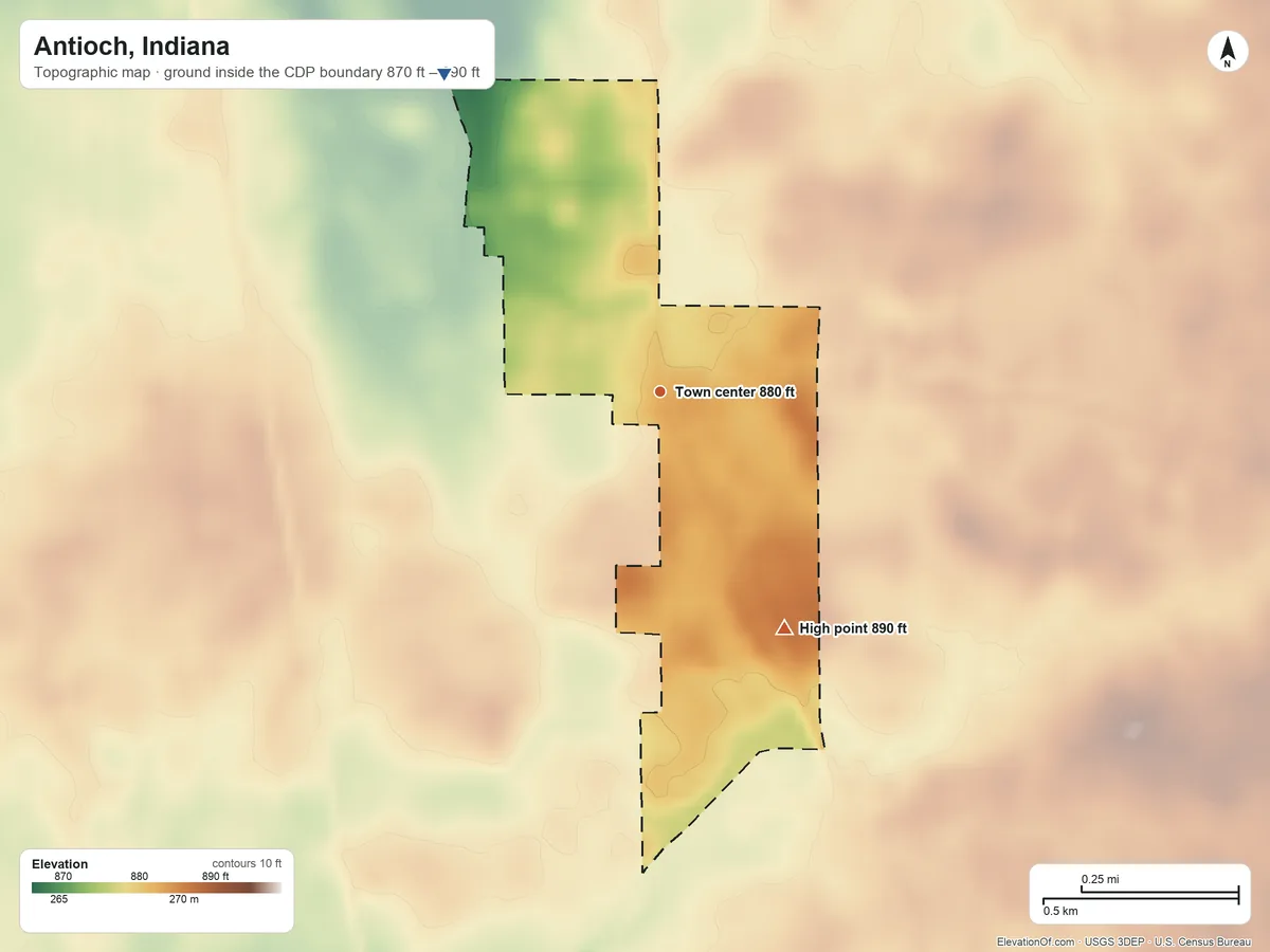 Topographic elevation map of Antioch, Indiana, shaded from 870 ft on the northwest side to 890 ft on the southeast side