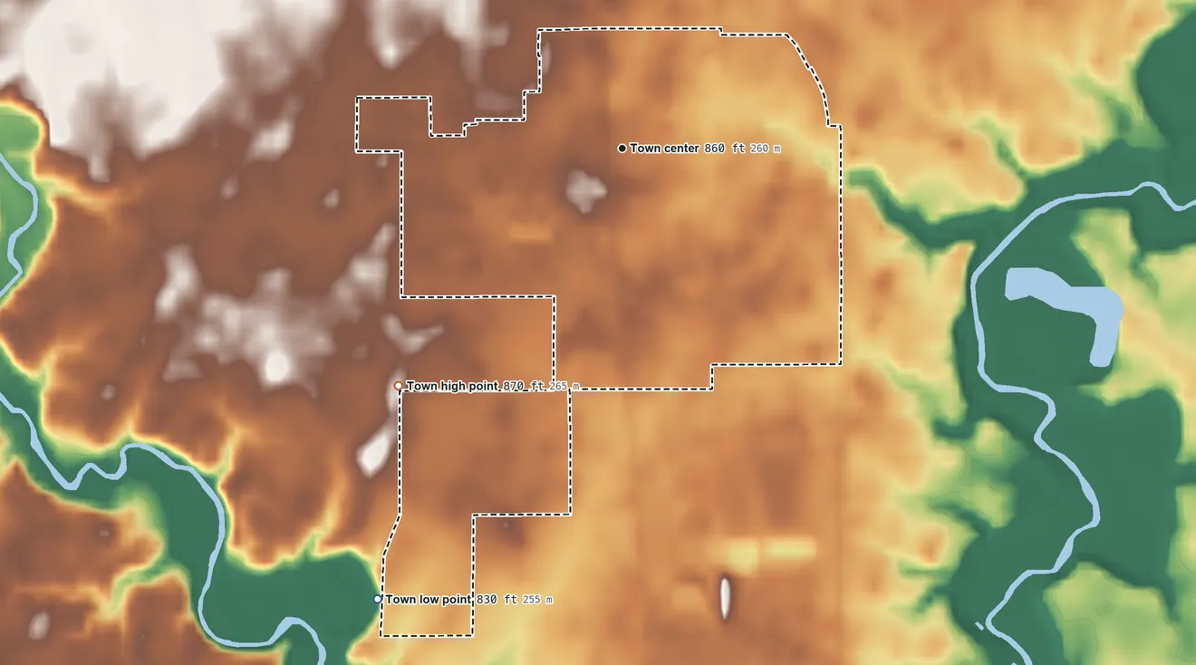 Topographic elevation map of Arcadia, Indiana, shaded from 830 ft on the southwest side to 870 ft on the southwest side