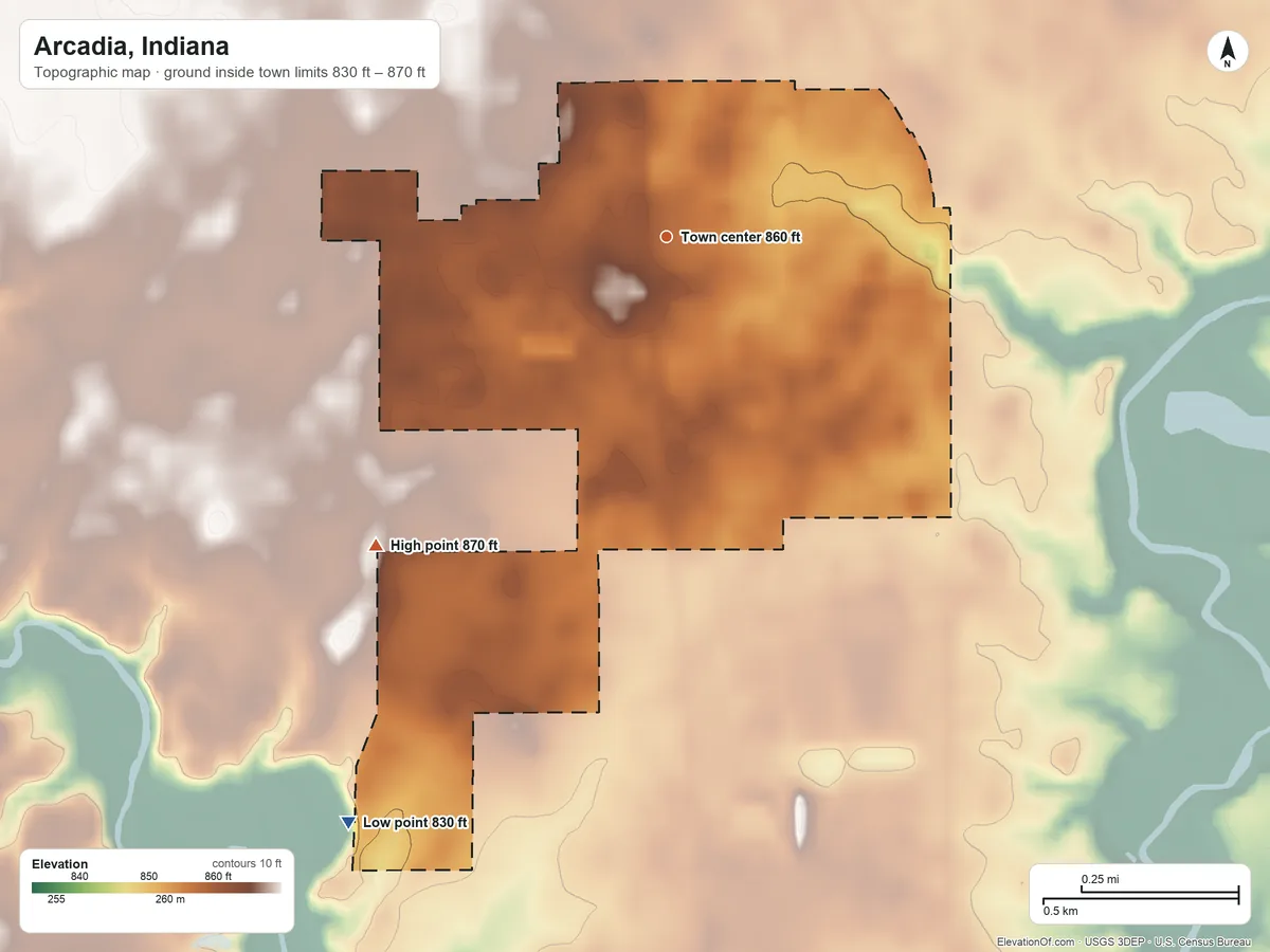 Topographic elevation map of Arcadia, Indiana, shaded from 830 ft on the southwest side to 870 ft on the southwest side