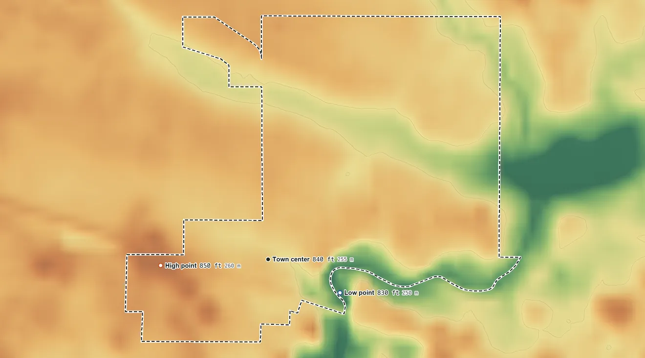 Topographic elevation map of Arcola, Indiana, shaded from 830 ft on the southeast side to 850 ft on the west side