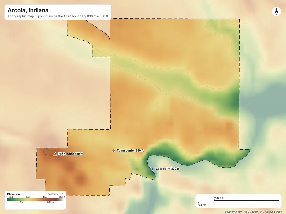 Topographic elevation map of Arcola, Indiana, shaded from 830 ft on the southeast side to 850 ft on the west side