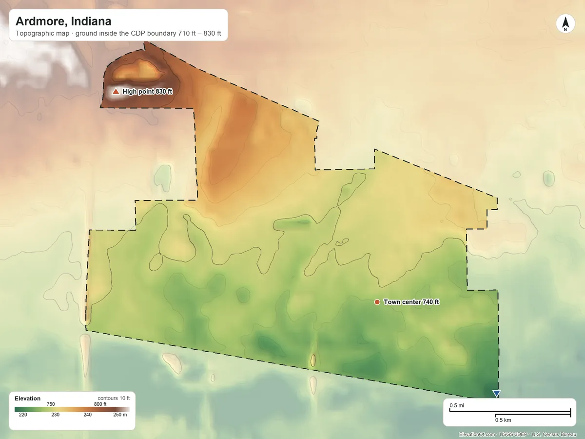Topographic elevation map of Ardmore, Indiana, shaded from 710 ft on the southeast side to 830 ft on the northwest side