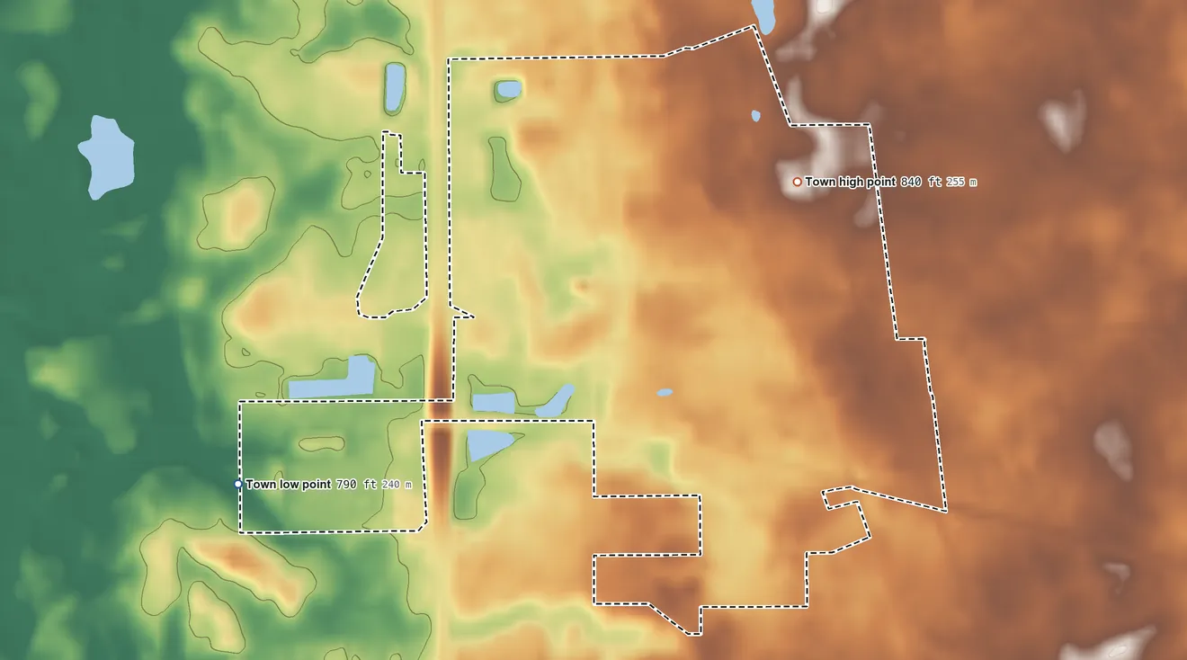 Topographic elevation map of Argos, Indiana, shaded from 790 ft on the west side to 840 ft on the northeast side