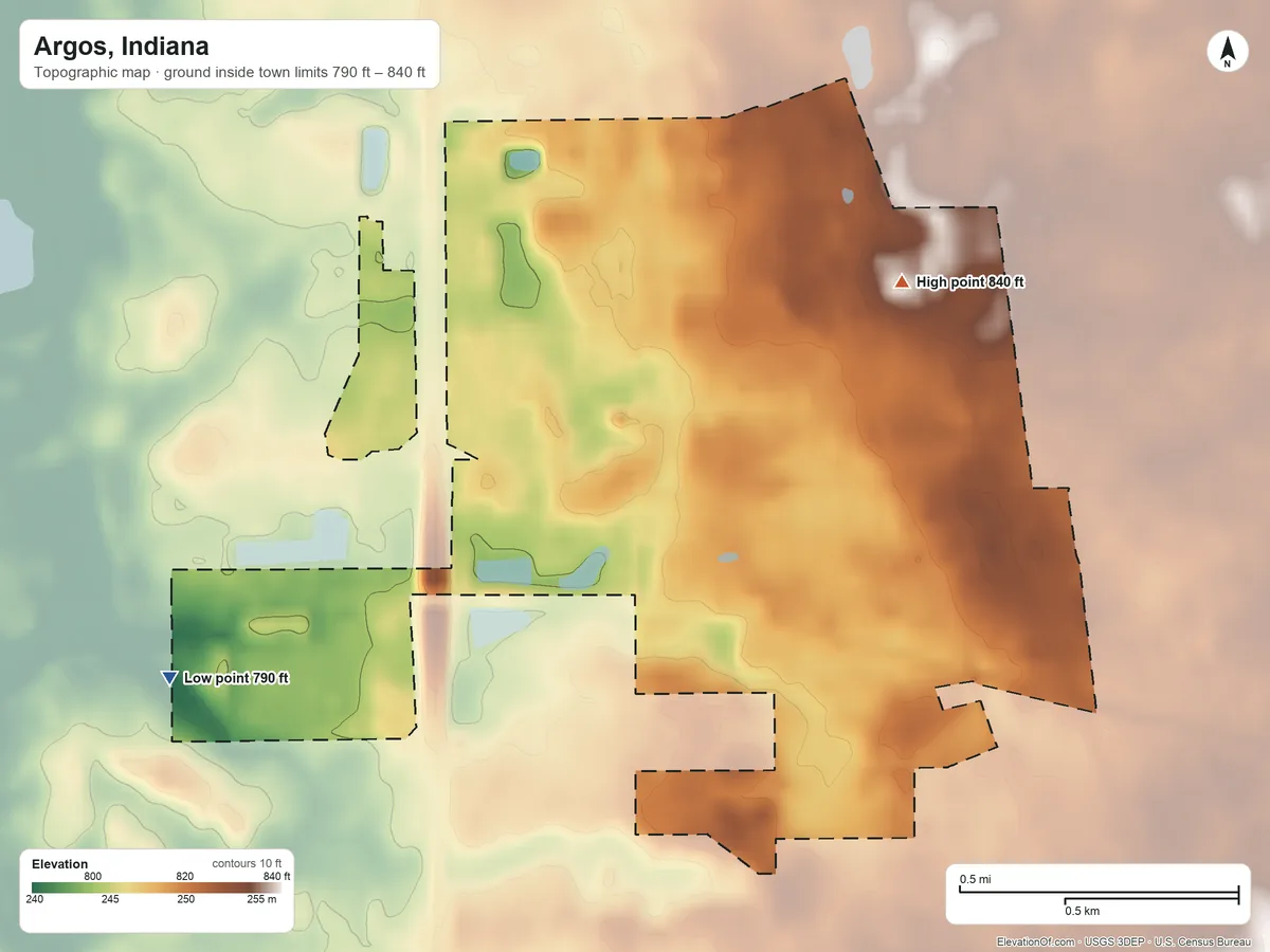 Topographic elevation map of Argos, Indiana, shaded from 790 ft on the west side to 840 ft on the northeast side