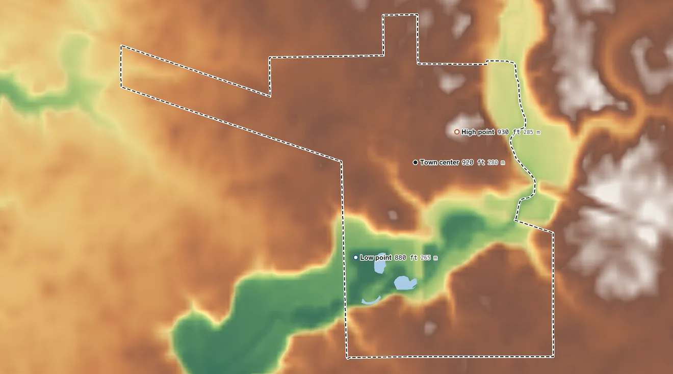 Topographic elevation map of Arlington, Indiana, shaded from 880 ft on the southwest side to 930 ft near the middle