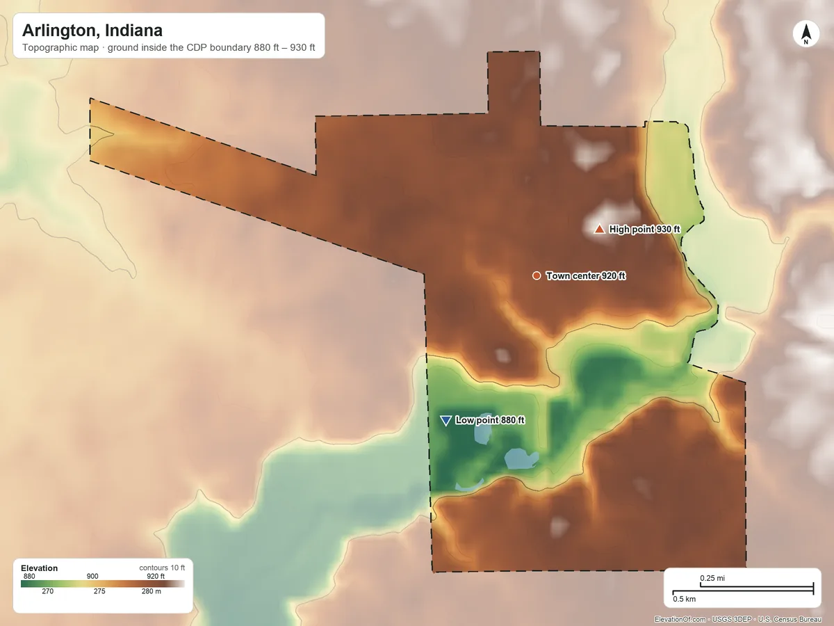 Topographic elevation map of Arlington, Indiana, shaded from 880 ft on the southwest side to 930 ft near the middle