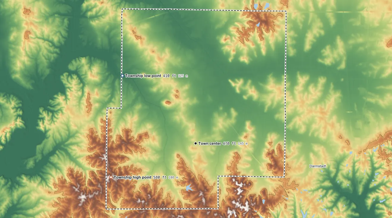 Topographic elevation map of Armstrong Township, Indiana, shaded from 410 ft on the northwest side to 580 ft on the west side