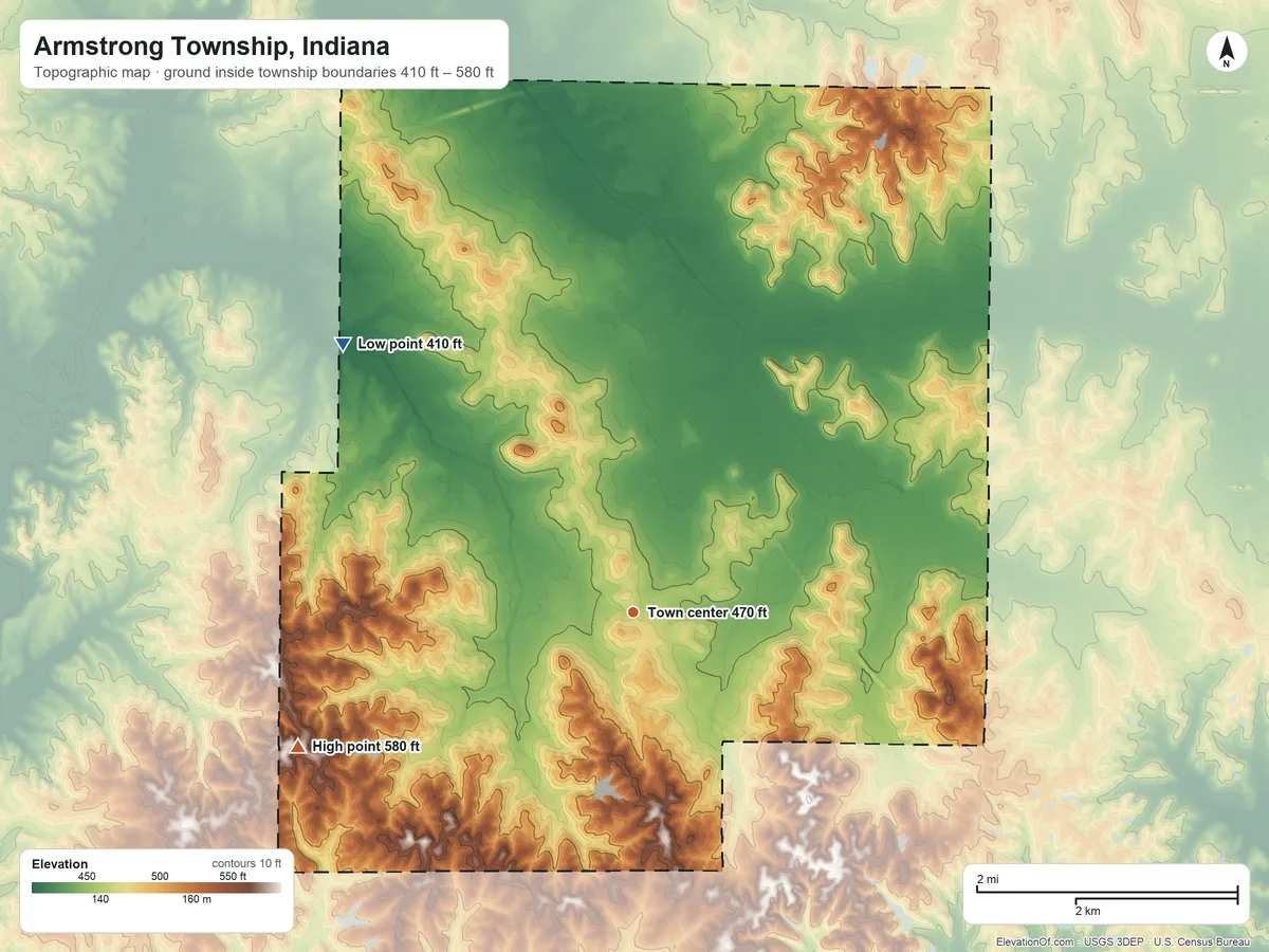 Topographic elevation map of Armstrong Township, Indiana, shaded from 410 ft on the northwest side to 580 ft on the west side